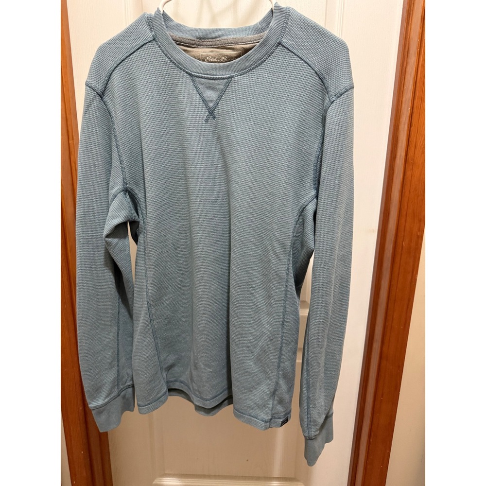 Eddie Bauer Mens Waffle Knit Thermal Long Sleeve Shirt Blue Grey Medium